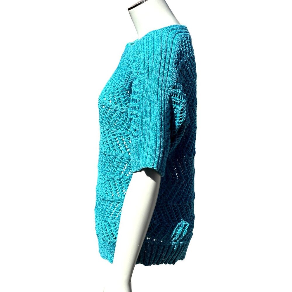 Chicos Halo Open Knit Riviera Pullover Aqua Blue Short Sleeve Sweater Top Size 0 - Picture 2 of 9